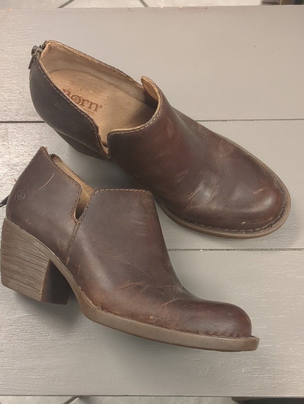 Born Brown Leather Slip-On Block Heel Booties